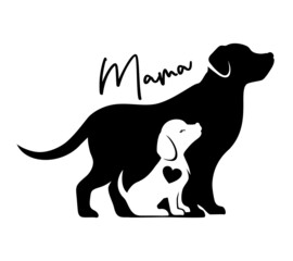 Mama dog and puppy silhouette. Animal sign, logo, emblem or badge. Pet vector illustration. Mom with baby animals symbol.