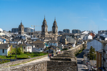 view of the Lugo cathedral and Roman city walls and ramparts