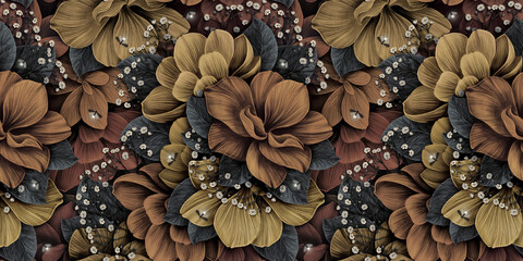 Floral seamless pattern with vintage hydrangea flowers, leaves, fireflies. Luxury 3d illustration. Premium wallpaper. Glamorous art. Bronze texture, dark background. Fabric printing, cloth, posters - 499817084