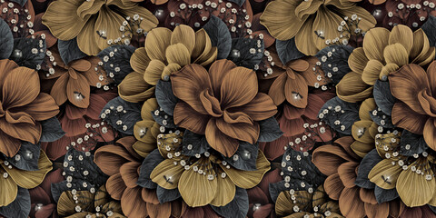 Floral seamless pattern with vintage hydrangea flowers, leaves, fireflies. Luxury 3d illustration. Premium wallpaper. Glamorous art. Bronze texture, dark background. Fabric printing, cloth, posters