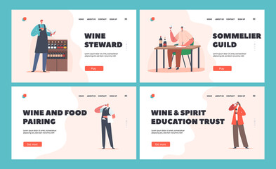 Sommelier or Stewards Wine Degustation Landing Page Template Set. Restaurant Expert Characters Serving Drinks Service
