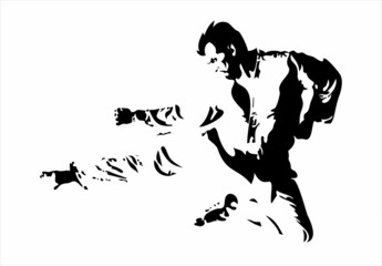  drawing man doing Taekwondo and Karate training. Energetic young male practice jump movements while kicking. Healthy fighting sport concept. Vector design illustration