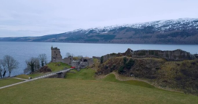 Aerial view of Urquhart Castle on Loch Ness in Scotland