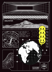 Abstract future poster. In the Techno (hud)  style, a trendy print for a T-shirt.  Black and white retro cyberpunk style poster cover design. Vector illustration.