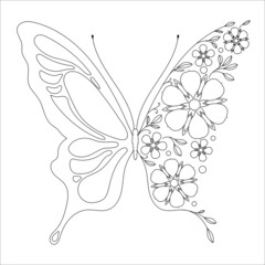 drawing butterfly and flowers, line art vector monochrome illustration isolated on white - 499819481