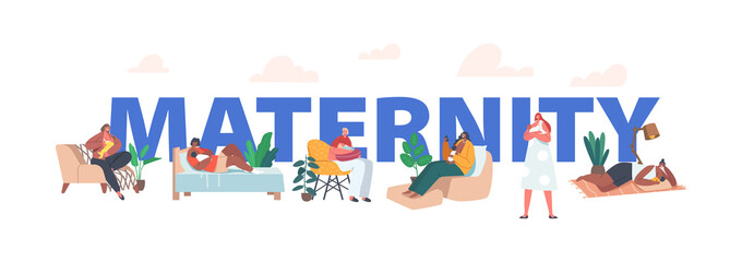 Maternity, Breastfeeding, Lactation Concept. Female Characters Feeding Baby with Breast, Natural Nutrition for Child