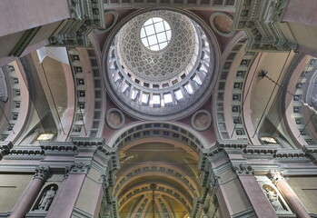 Interior architecture view of the monumental cupola of the San Gaudenzio Basilic in Novara,...
