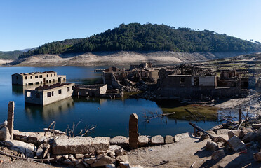 view of the ghost town of Aceredo in the Alto Lindoso reservoir