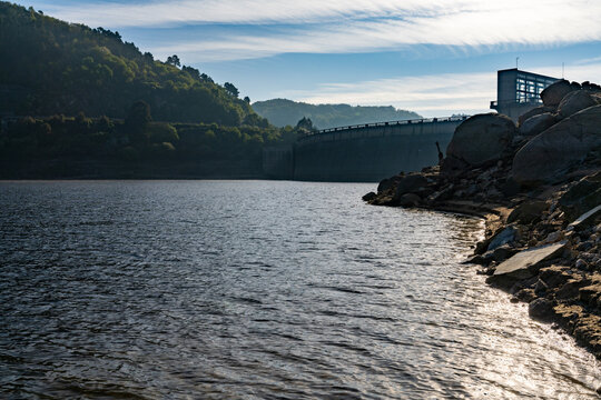 view of the Belesar Reservoir and dam with hydroelectric power plant