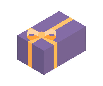 Classic rectangle wrapped purple gift box decorated by yellow bow ribbon minimalist 3d icon isometric vector illustration. Cardboard present greeting container holiday anniversary celebration isolated
