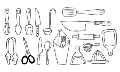 Kitchen icon set. Lines kitchen cooking tools and appliances, kitchenware, spoon, knives and scissors, serving items. Vector illustration in hand doodle style. isolated elements for design and decor