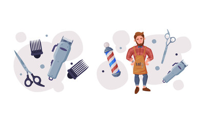 Professional male barber and tools for styling and haircut set cartoon vector illustration