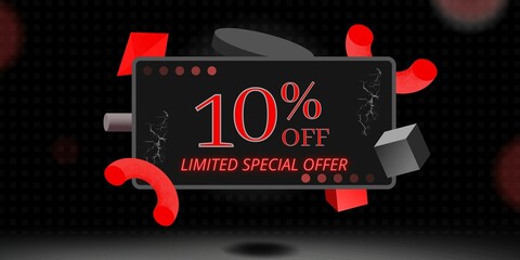 10% off limited special offer. Banner with ten percent discount on a black background with gray square