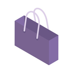 Isometric purple paper shopping bag with handles purchase pack storage carrying 3d icon isometric vector illustration. Traditional business retail package. Sale, discount, black friday, special offer