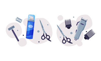 Professional barber supplies set. Hair clipper, shaving foam bottle, razor and scissors cartoon vector illustration