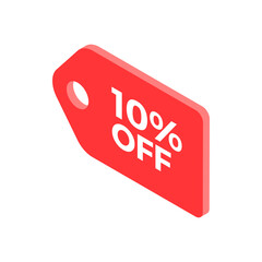 Discount commercial business promo red tag with hole for hanging 3d isometric vector illustration. Minimalist sale shopping sticker special offer black friday for commerce advertising isolated