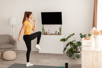 African American Lady Doing Knee To Elbow Leg Exercise Indoor