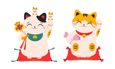 Cute white Maneki Neko, Asian lucky cat. Feng Shui, fortune, folklore symbol cartoon vector illustration