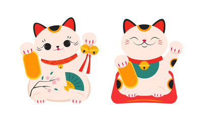 White Maneki Neko, Asian lucky cat. Feng Shui, fortune, folklore toy cartoon vector illustration