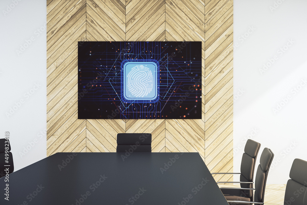 Poster abstract creative fingerprint concept on presentation screen in a modern conference room. 3d renderi