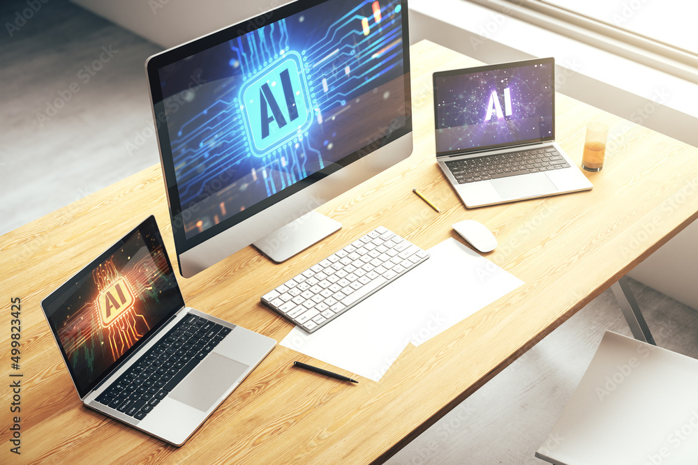 Leinwandbilder modern computer monitor with creative artificial intelligence icon. neural networks and machine lear