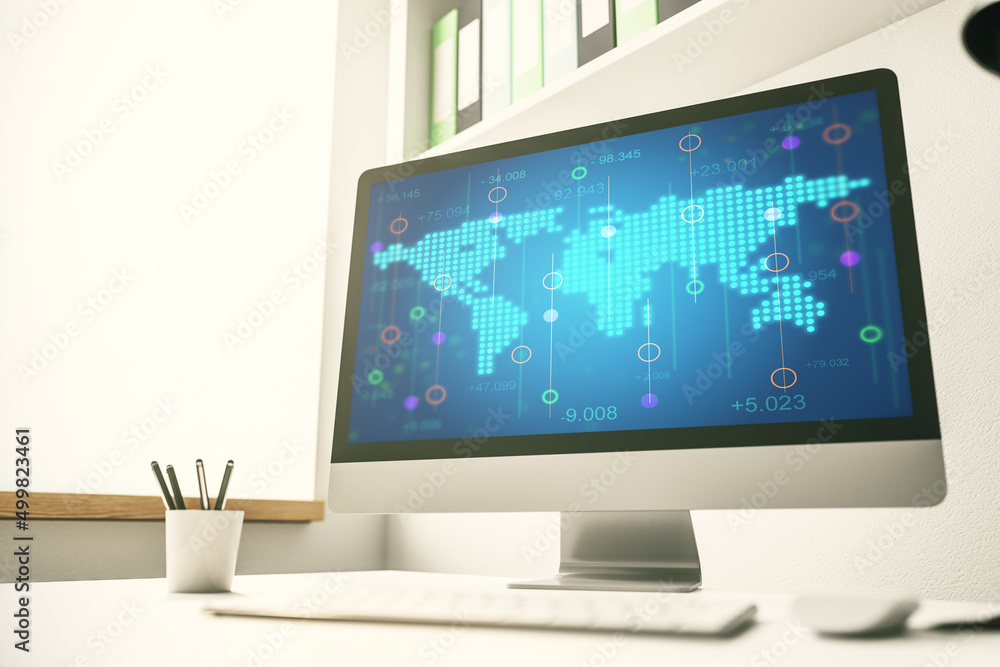 Fototapete abstract digital world map on modern computer monitor, big data and blockchain concept. 3d rendering
