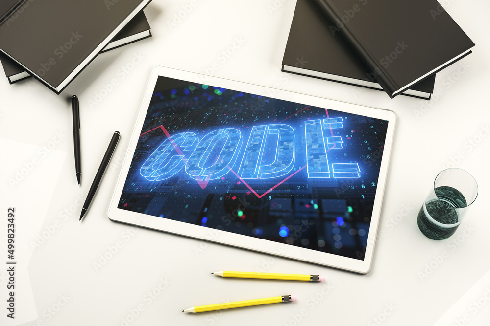 Poster creative code word hologram on modern digital tablet display, artificial intelligence and neural net