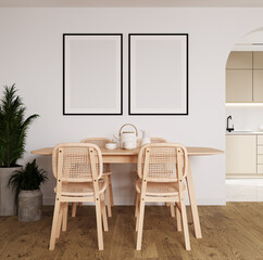Mock up poster frame in modern interior background, dining room, Scandinavian style, 3D render
