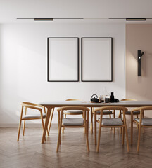 poster frames mock up in modern living room interior in white color, wooden furniture, 3d rendering