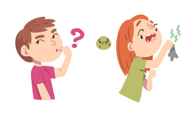Emotional children set. Cute children with thoughtful and disgusted face expression cartoon vector illustration