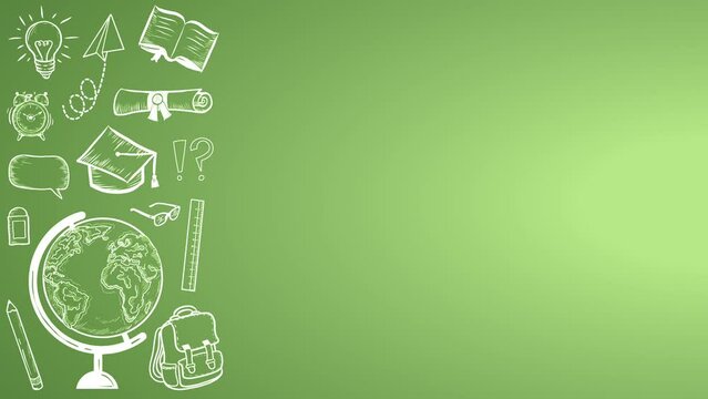 Happy Teacher's Day Creative Banner 4K Animated Banner Design Vintage Retro Green Board Ribbon with Hand Drawn School objects and education stationary Engraving Hand Drawing Education Banner Template.