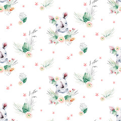 Watercolor floral pattern with hippo baby nursery natural leaves, feathers, flowers, Isolated on white background. Artistic decoration illustration. Save the date, wedding design,valentine's day