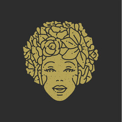 Romantic woman face with natural flower hairstyle fashion portrait decorative design grunge texture