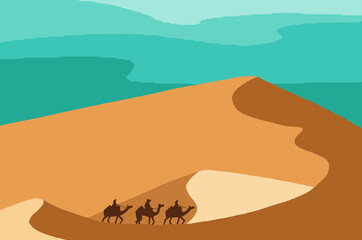 Camel caravan on desert scenery illustration flat design