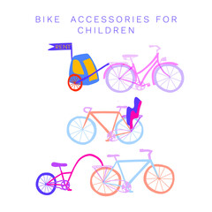 An assortiment of bike accessories for children. Rent a child trailer, a baby seat or a tag along. Rent bikes and accessories for the whole family. Vector illustration.