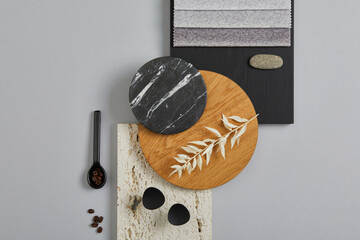 Elegant architect moodboard flat lay composition in light grey, black and brown color palette with...