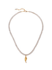 Female golden wing shaped pendant with transparent beads necklace isolated on white