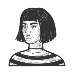 Girl with bob cut haircut sketch engraving vector illustration. T-shirt apparel print design. Scratch board imitation. Black and white hand drawn image.