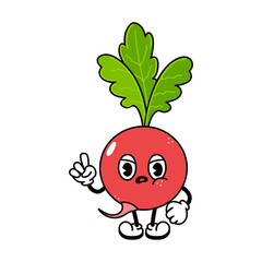 Cute angry sad radish character. Vector hand drawn traditional cartoon vintage, retro, kawaii character illustration icon. Isolated on white background. Angry radish character concept