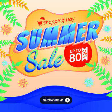 Shopping Day on summer sale banner. 3d text. Season vocation, weekend, holiday. Summer Time Wallpaper. Happy shiny Day. Modern vector Lettering. sea background. shop now button. Leaf and flower.