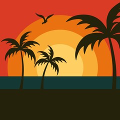 Fototapeta na wymiar graphic beach sunset with palm trees
