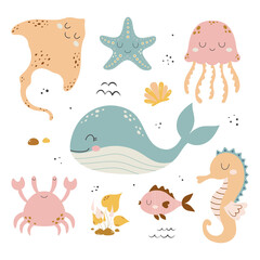 illustration vectorielle avec des animaux sous-marins de dessin animé mignon