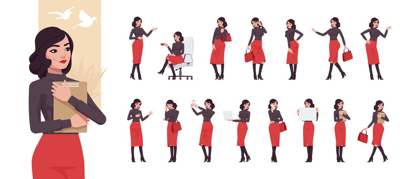Young beautiful businesswoman, manager character set, corporate business bundle, different poses, gestures, emotions, office situations. Vector flat style cartoon character isolated, white background