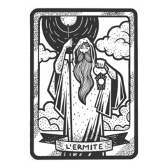 Tarot playing card hermit sketch engraving vector illustration. T-shirt apparel print design. Scratch board imitation. Black and white hand drawn image.