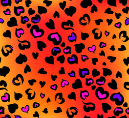 Orange Leopard seamless pattern with pink dots in form of  hearts.