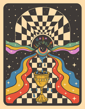 psychedelic illustration with an all-seeing eye and a goblet optical illusion background
