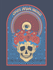 skull in a wreath of roses, optical illusions and an all-seeing eye, poster, t-shirt print, psychedelic illustration