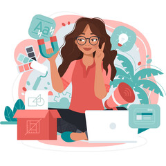 Business Women Girl, Coach, and Online Entrepreneur with Brown Hair and Glasses Working on Laptop and Computer in Digital Branding Strategy and Graphic Design, Holding Magnet Outdoors in Tropical Gard