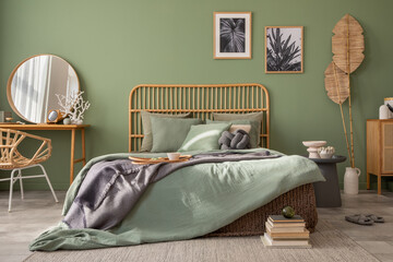 Stylish bedroom interior design with mock up poster frames, bed, side table, rattan commode, vanity...