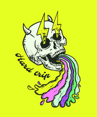skull with lightning in eyes vomits a rainbow, hard trip, print on t-shirt
